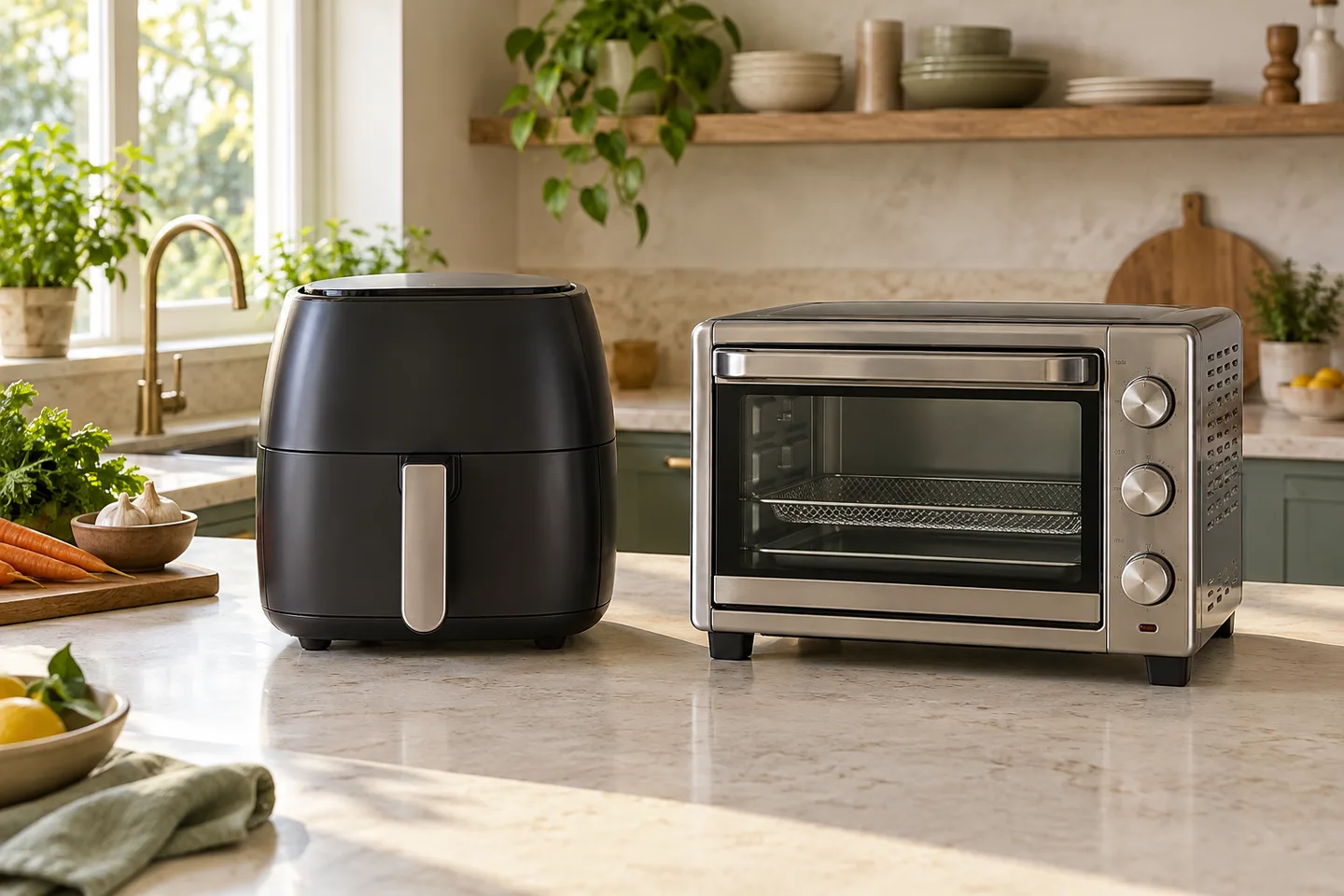 Basket air fryer and countertop air-fryer oven on a kitchen counter