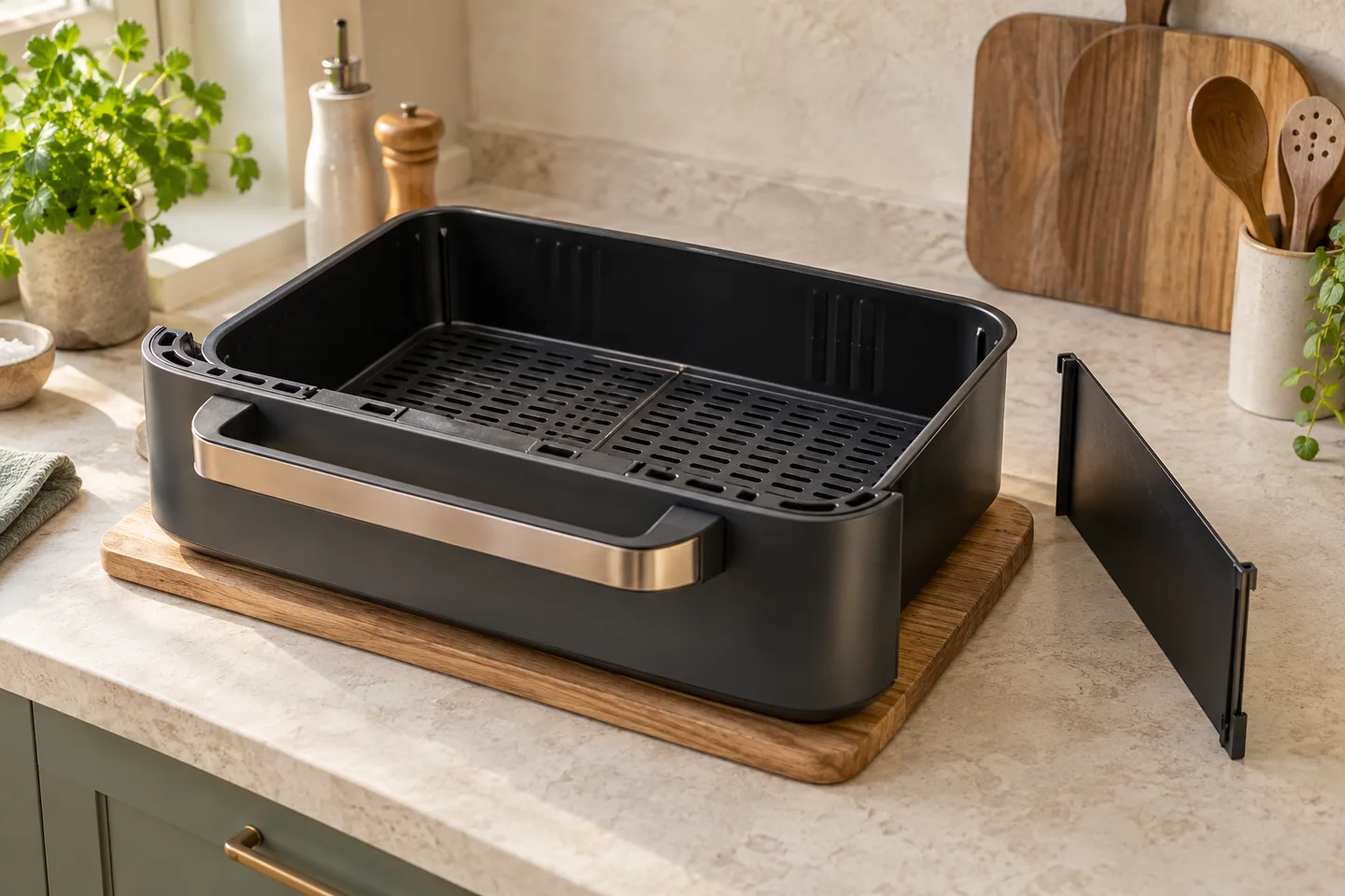 Wide air-fryer basket with a removable divider beside it
