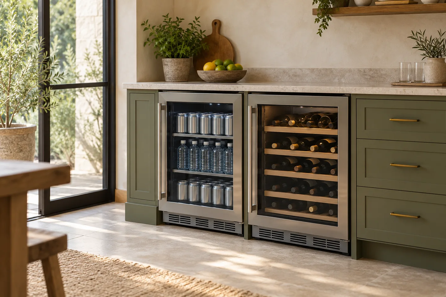 Separate glass-door beverage and wine coolers