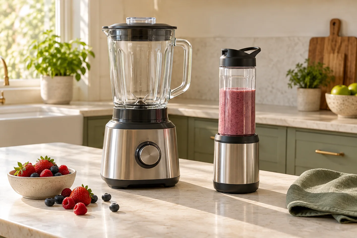 Full-size blender and personal blender on a kitchen counter