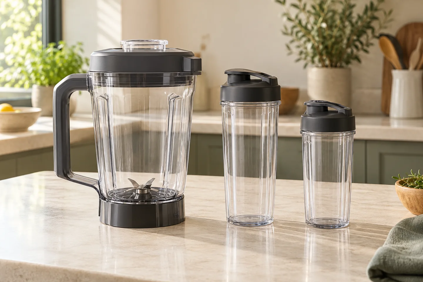 Full-size blender pitcher and two personal cups with lids
