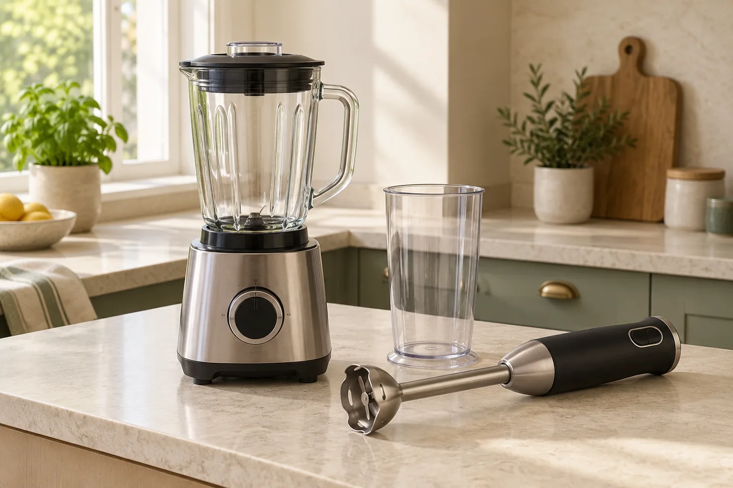 Countertop blender beside an immersion blender and beaker