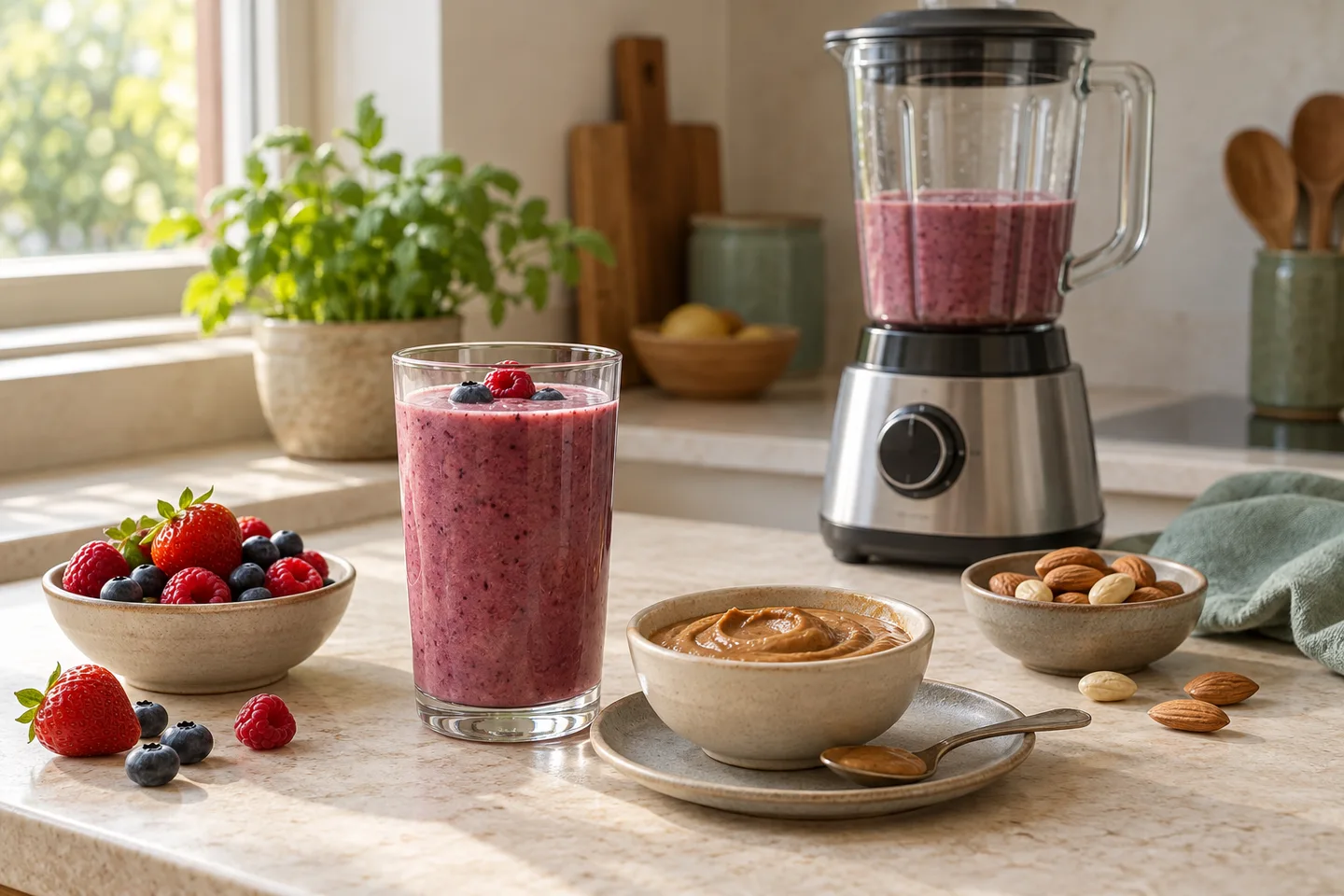 Smoothie glass and bowl of thick nut spread beside a closed blender