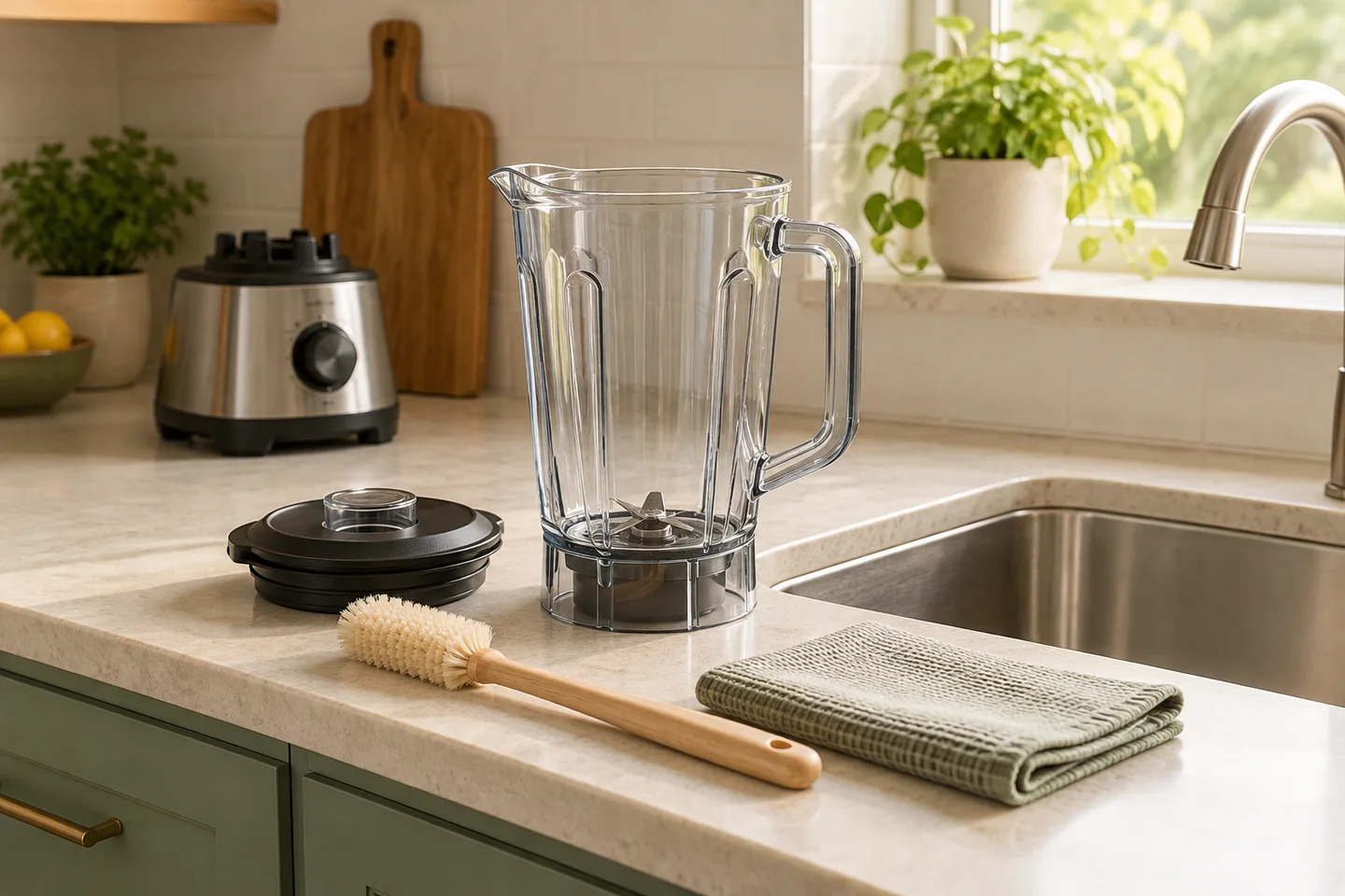 Blender pitcher, lid, and brush beside a kitchen sink