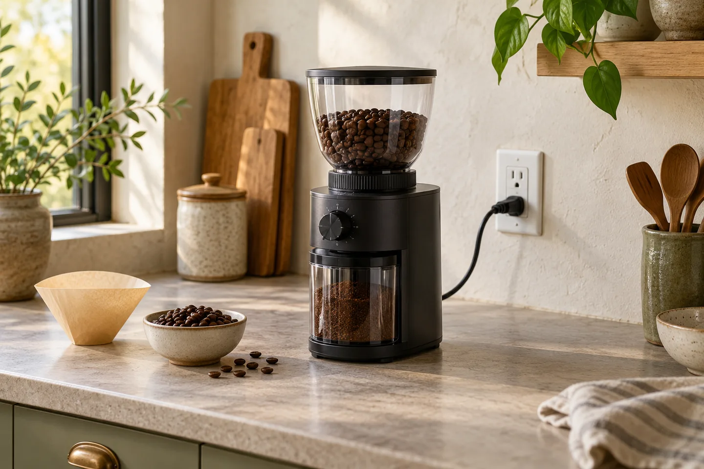 Coffee grinder with bean hopper and grounds container