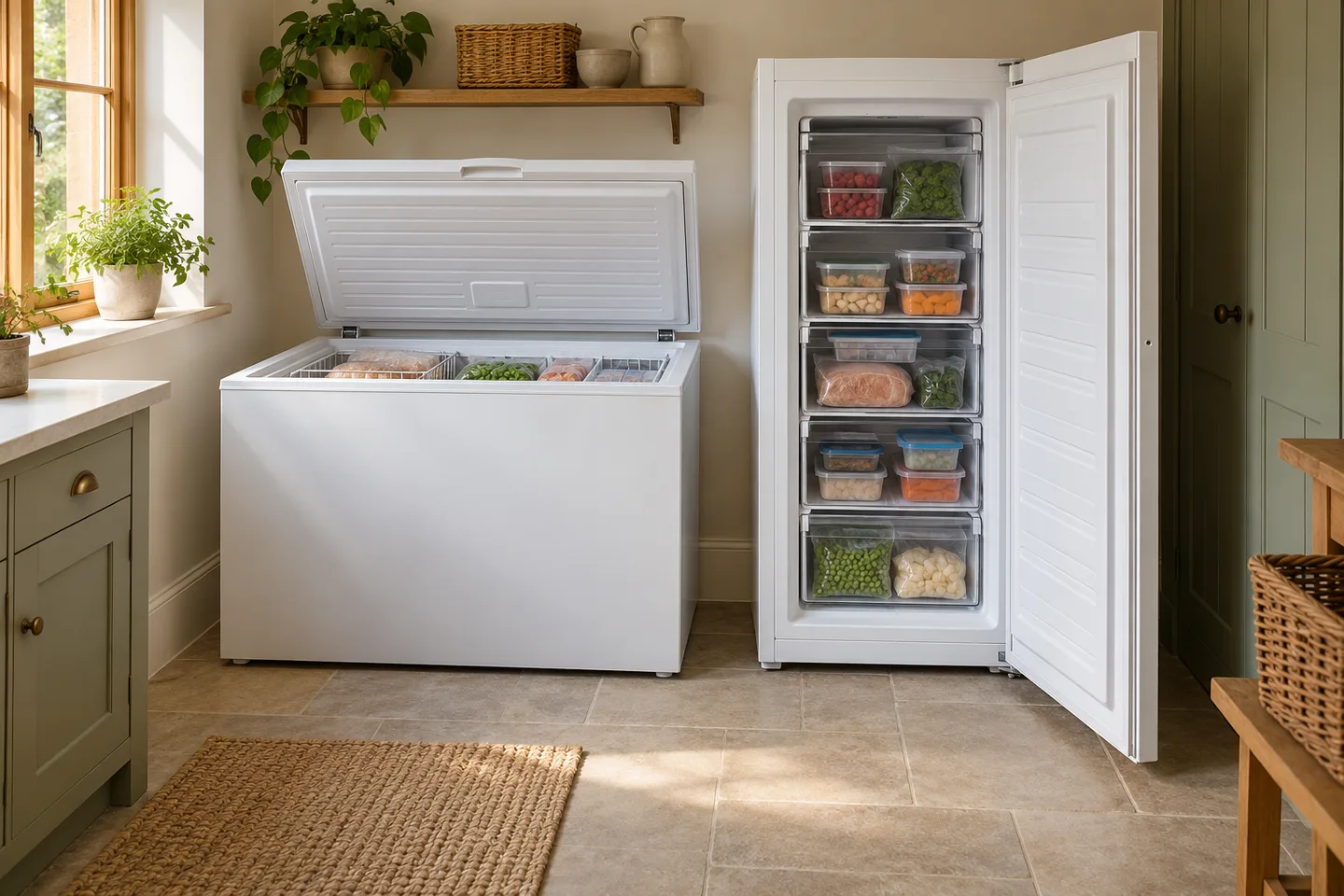 Open chest and upright freezers showing baskets and shelves