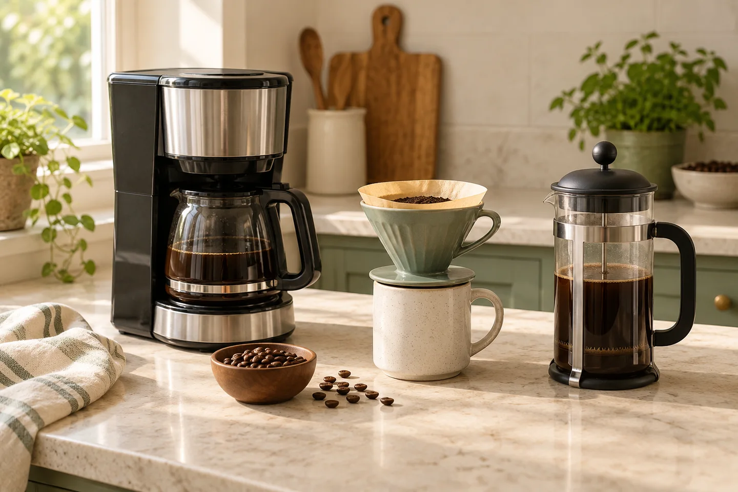 Drip coffee maker, pour-over dripper, and French press