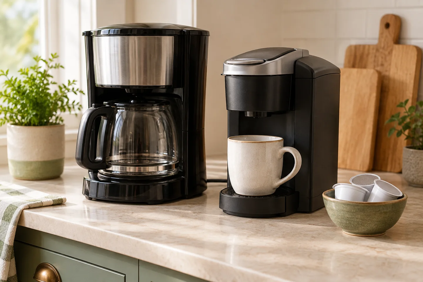 Drip coffee machine and single-serve pod brewer