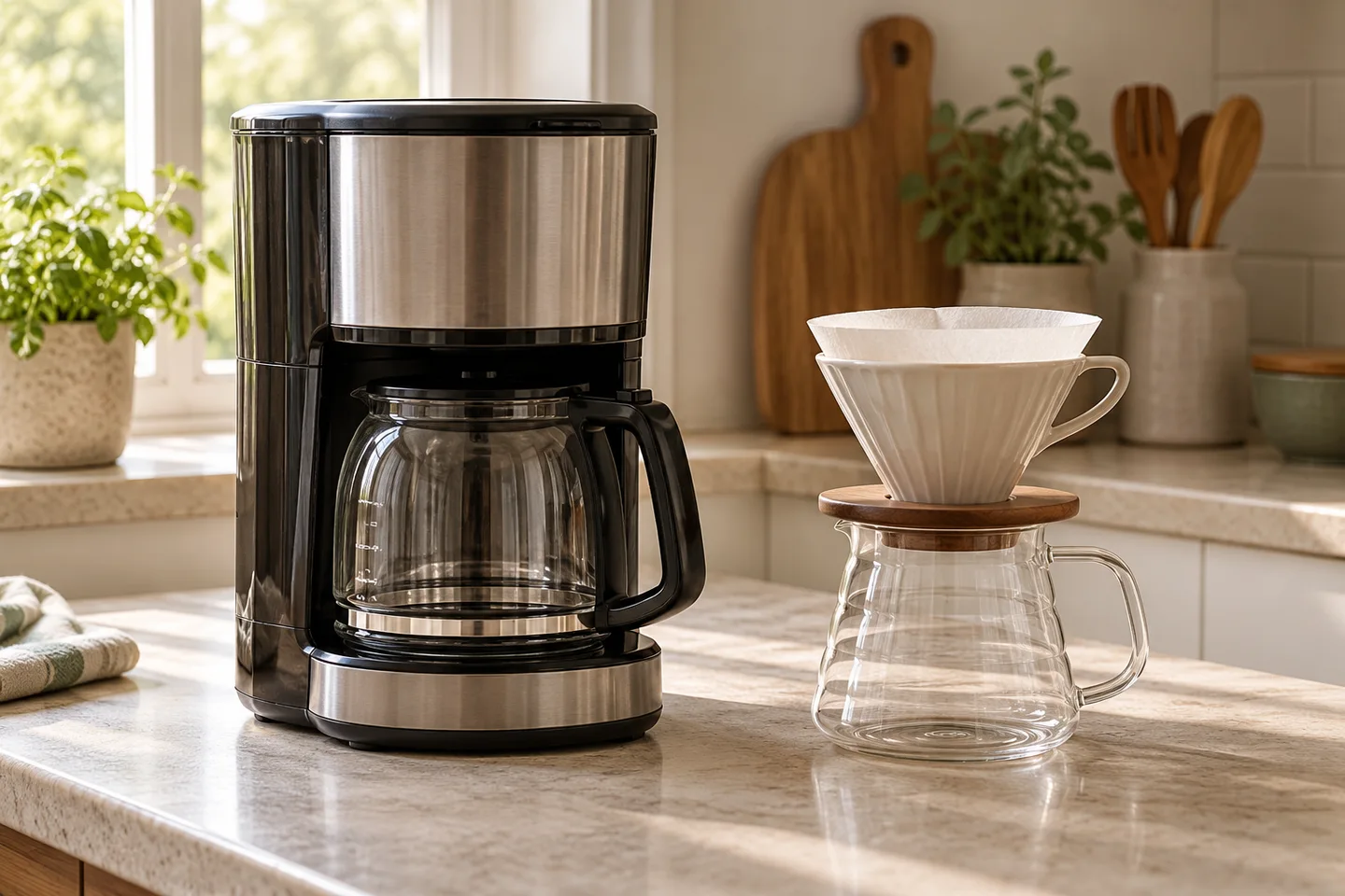 Drip coffee maker and manual pour-over dripper side by side