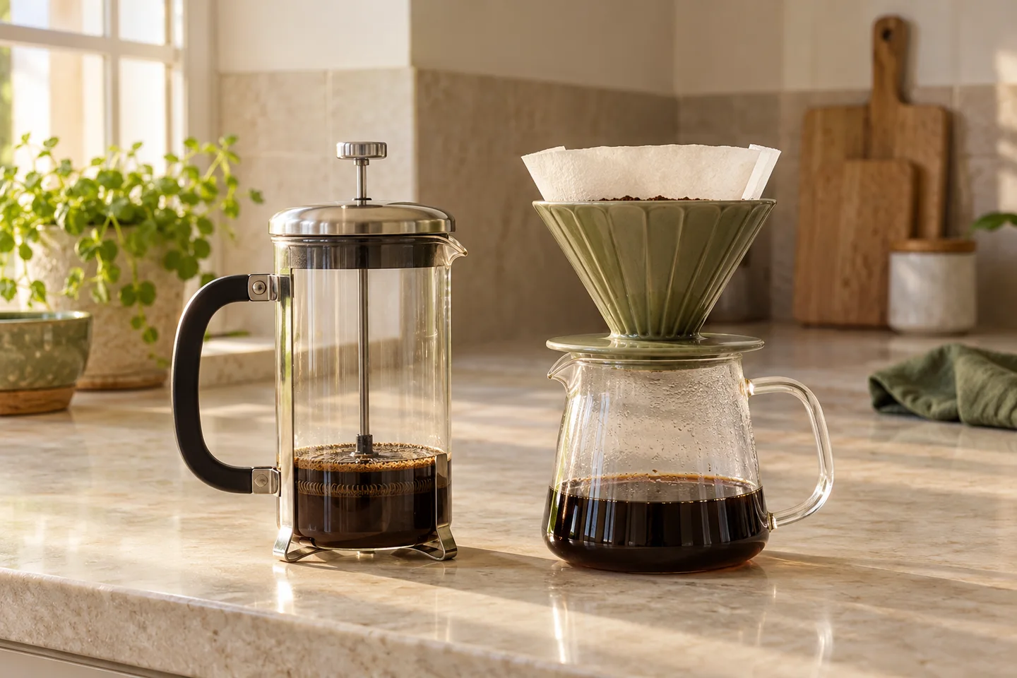 French press and cone dripper with a glass server