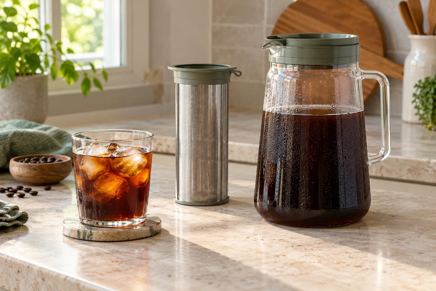 Cold-brew filter jar beside a glass of iced coffee