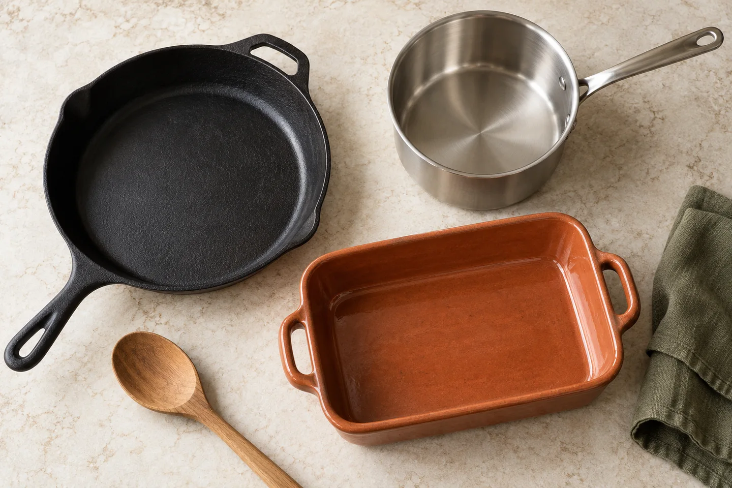 Cast iron skillet, stainless saucepan, and terracotta baking dish on a counter