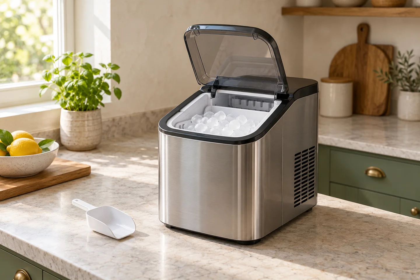 Countertop ice maker with its ice basket and scoop