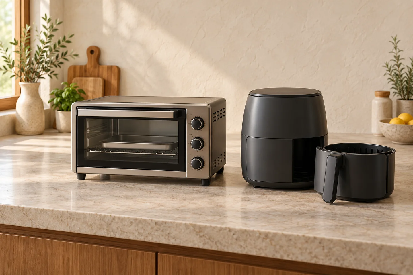 Countertop oven and air fryer with its removable basket on a stone counter