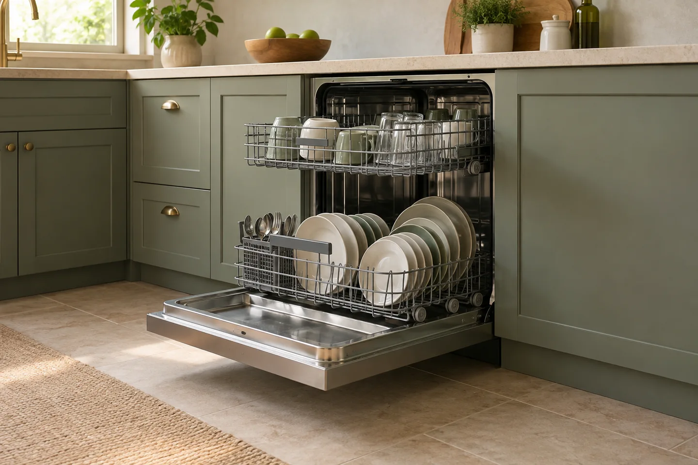 Open built-in dishwasher with upper and lower racks
