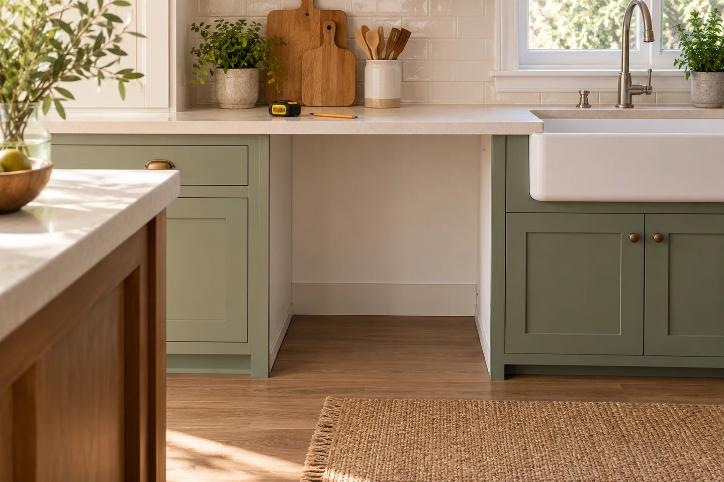 Empty dishwasher cabinet opening beneath a kitchen counter