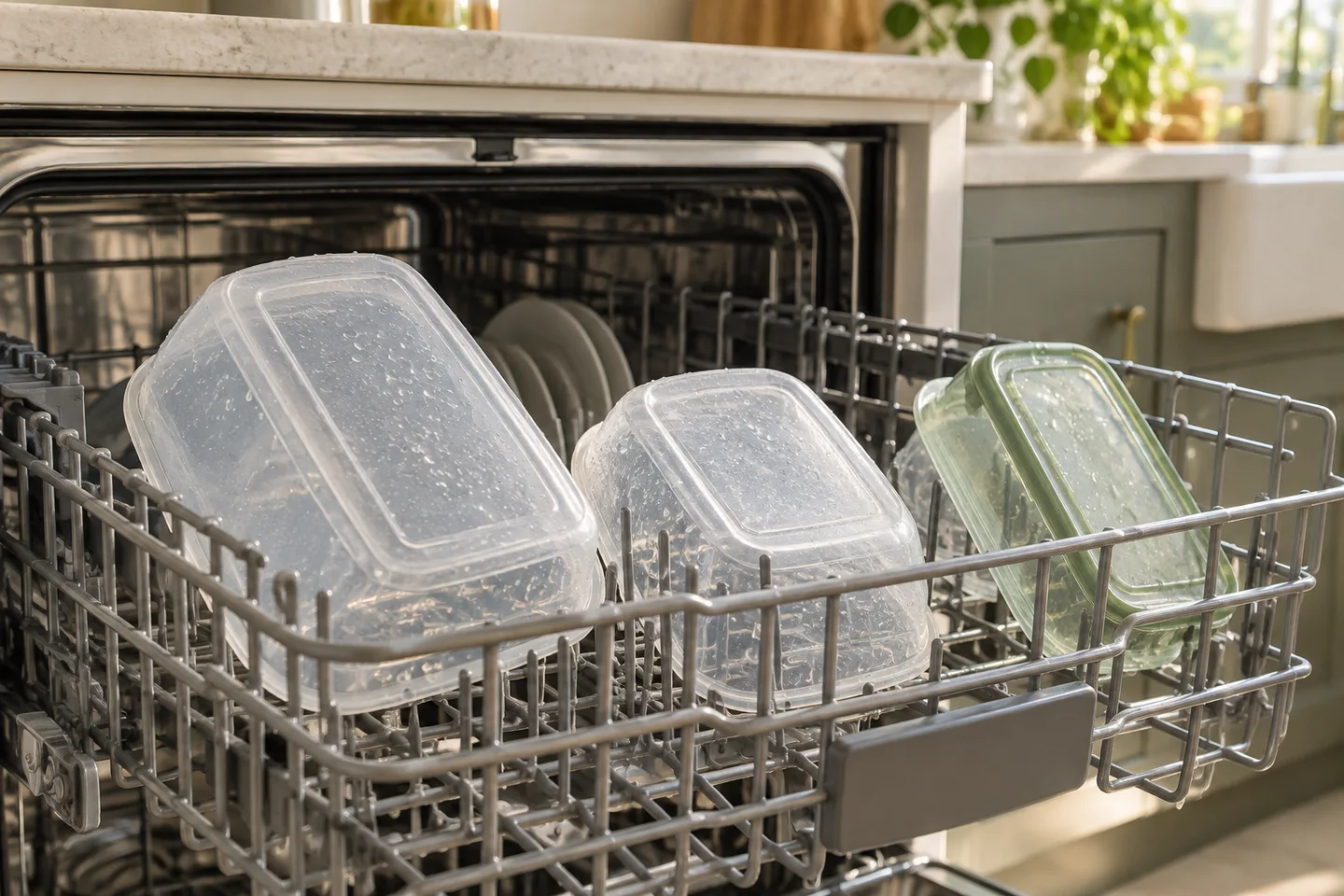Plastic containers with water droplets in an upper dishwasher rack