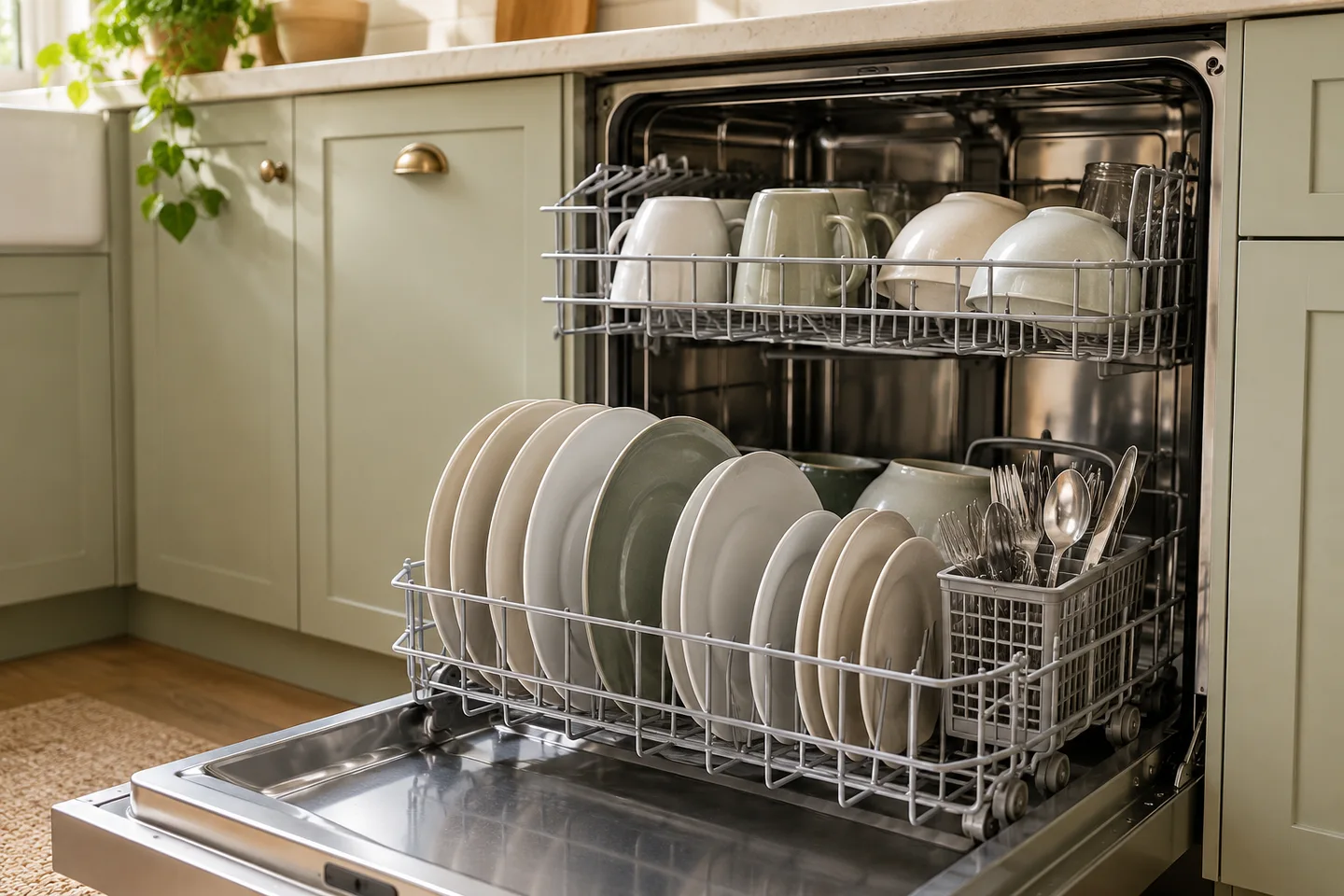 Dishwasher rack holding plates, bowls, and mugs