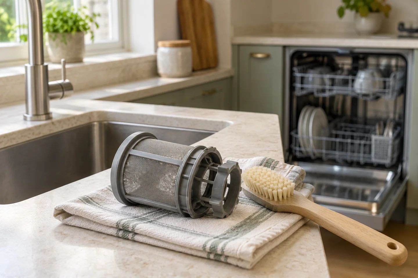 Dishwasher filter and soft brush beside a kitchen sink