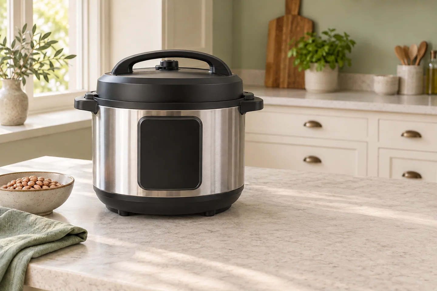 Closed electric pressure multi-cooker on a kitchen counter
