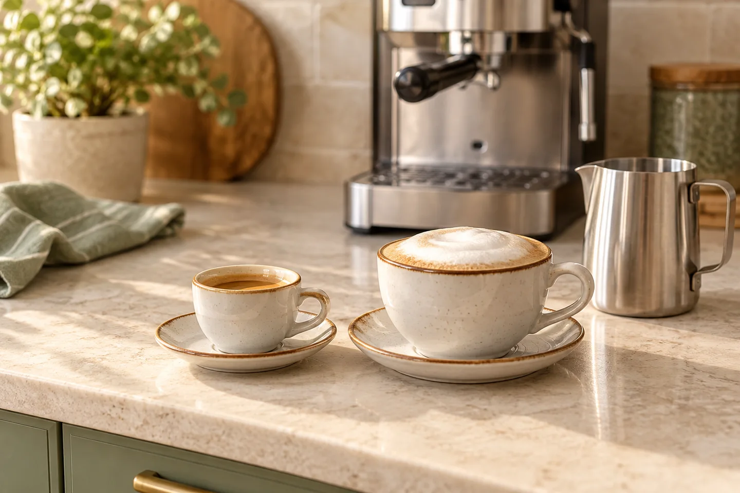Espresso cup, cappuccino cup, and stainless milk pitcher