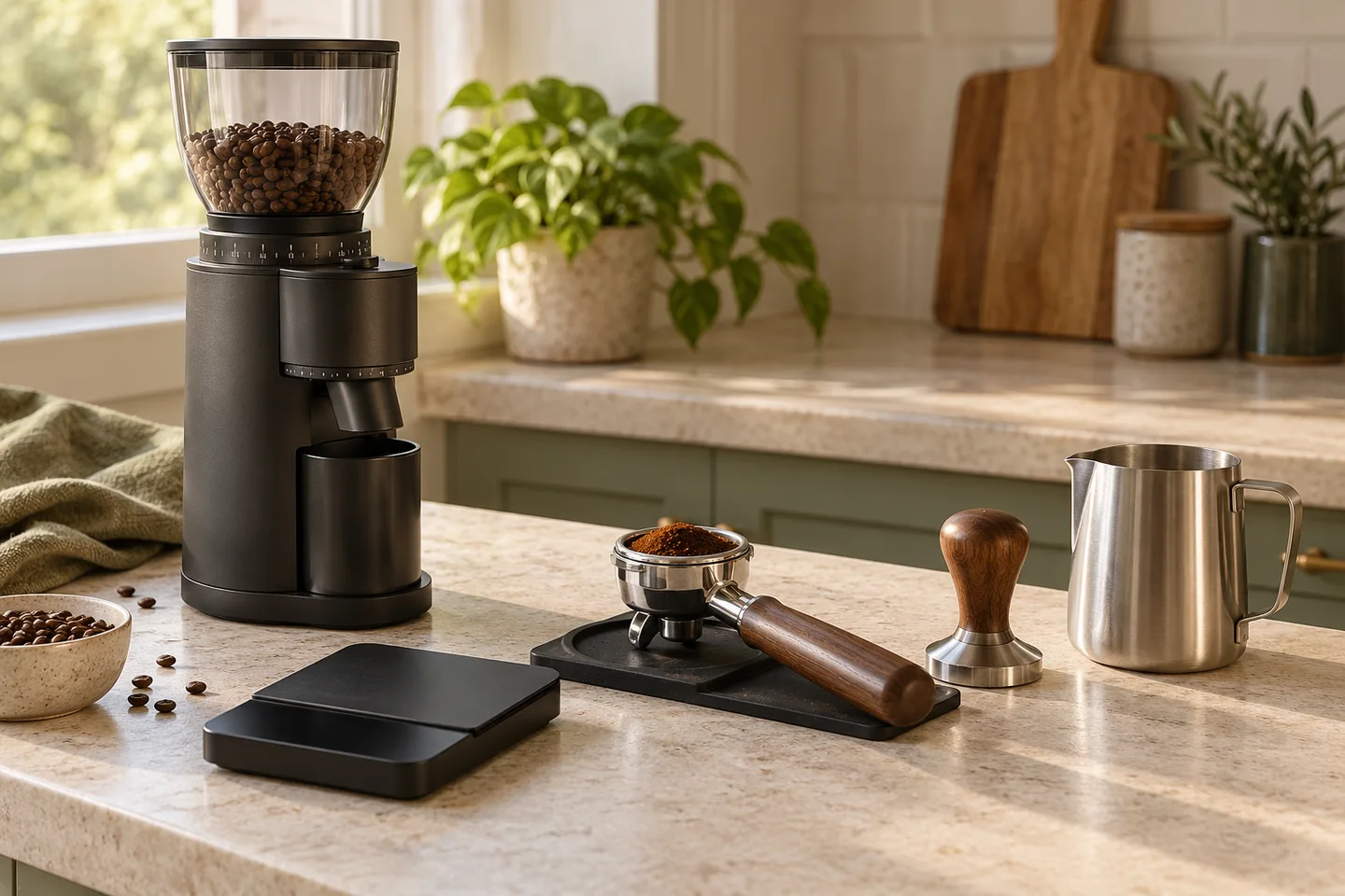 Coffee grinder, scale, portafilter, tamper, and milk pitcher