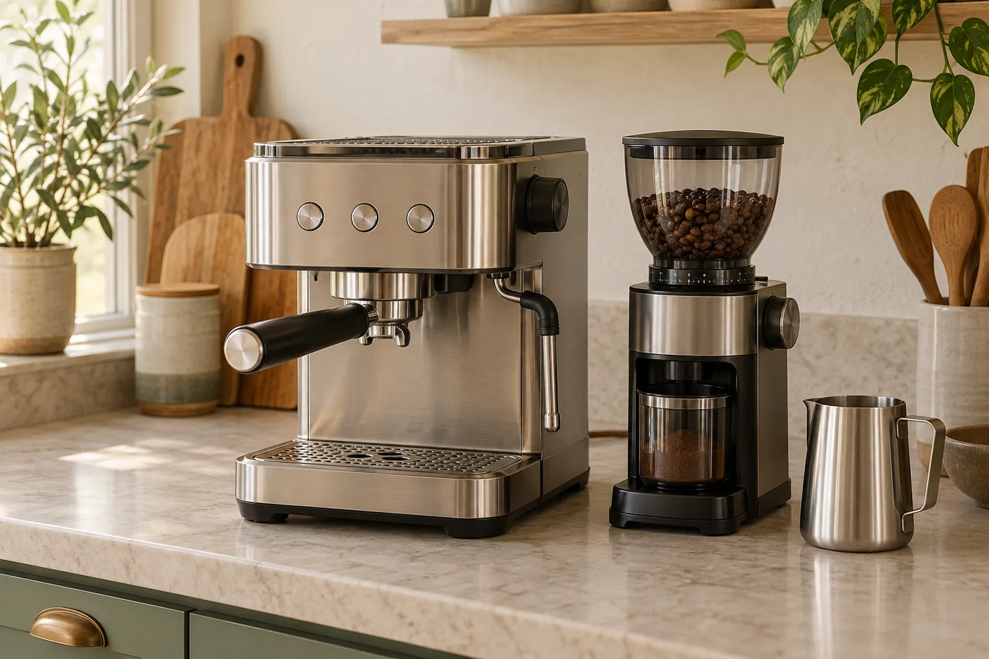 Espresso machine with separate grinder and milk pitcher
