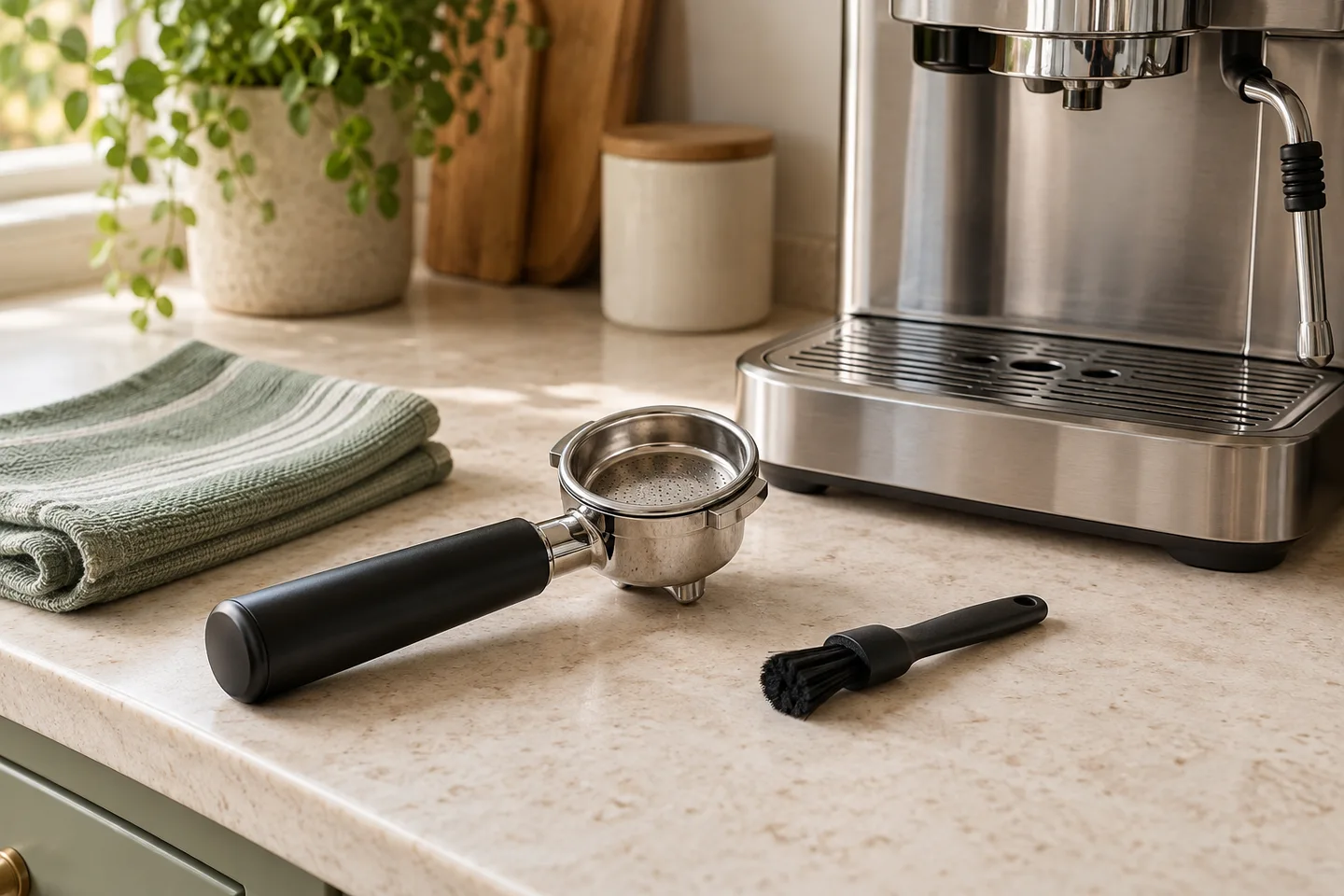 Portafilter, basket, soft cleaning brush, and cloth