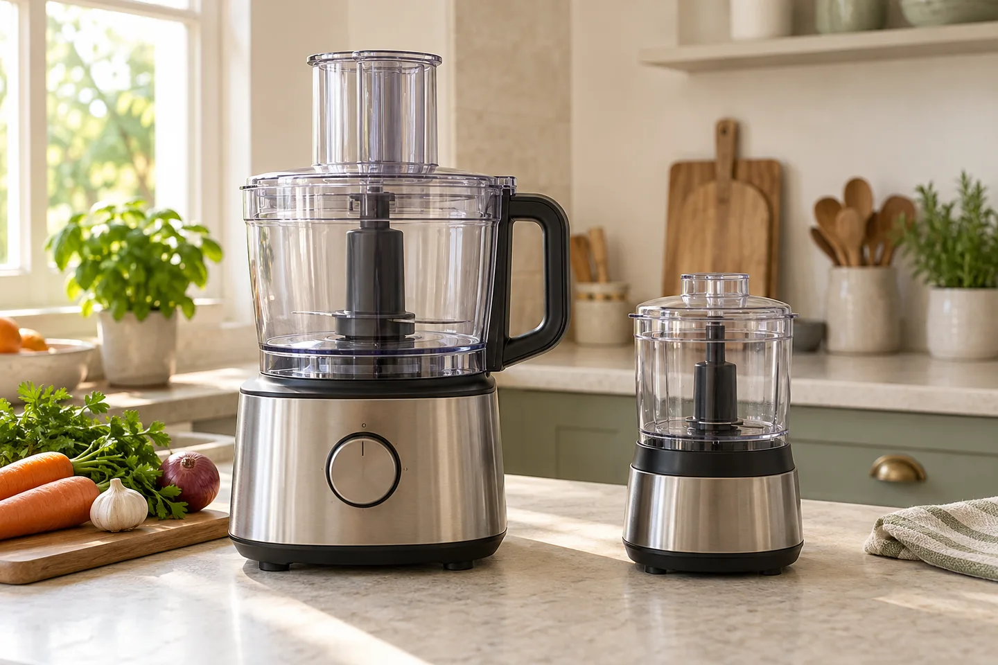 Full-size food processor and small chopper beside each other