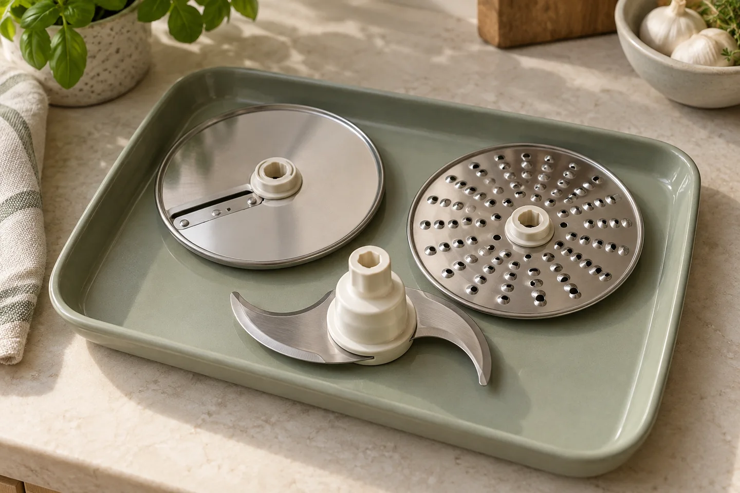 S-blade and two food-processor cutting discs on a tray