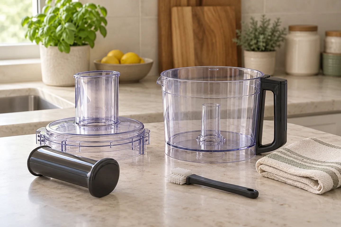 Food processor bowl, lid, and pusher beside a drying cloth