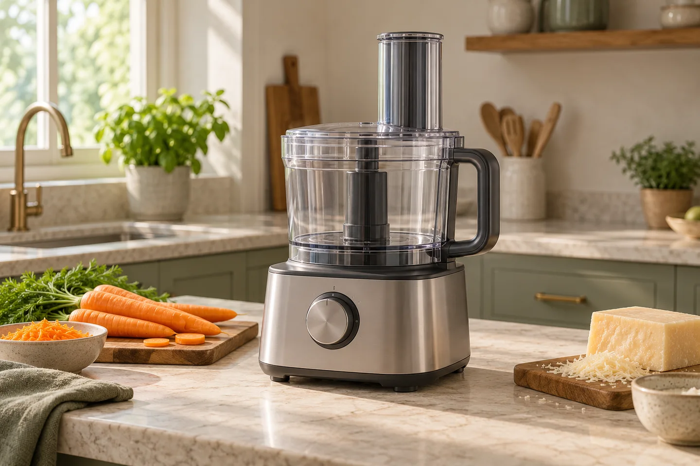 Food processor with bowl and feed tube on a kitchen counter