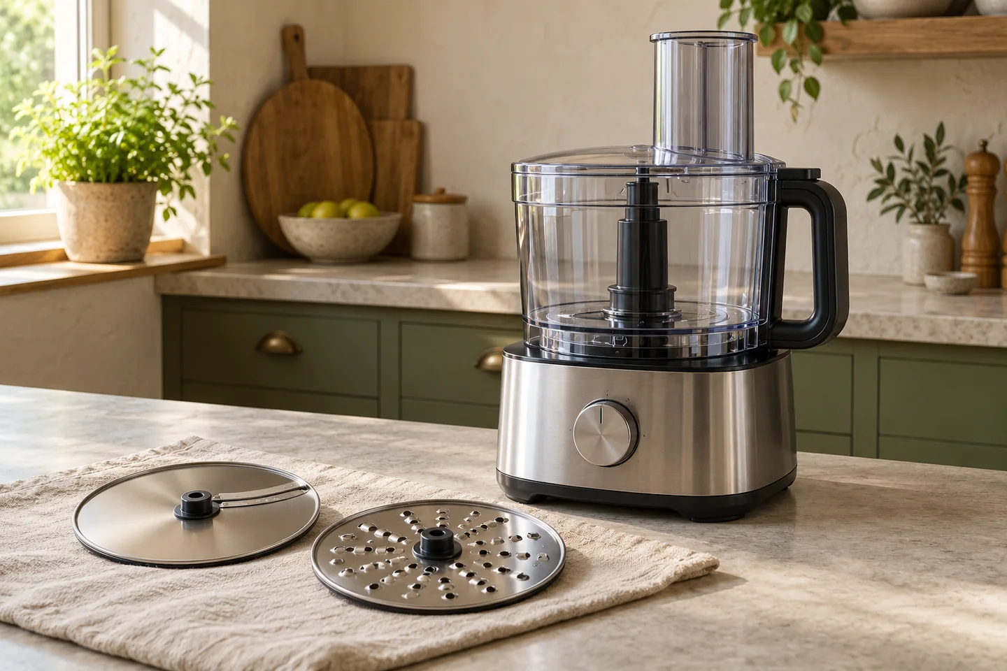 Food processor with separate slicing and shredding discs