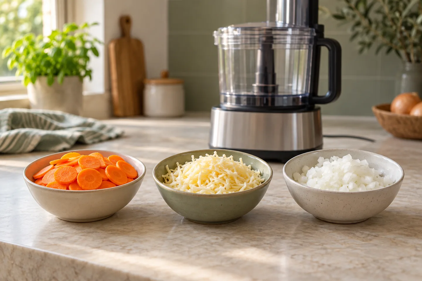 Sliced carrots, shredded cheese, and chopped onion in separate bowls