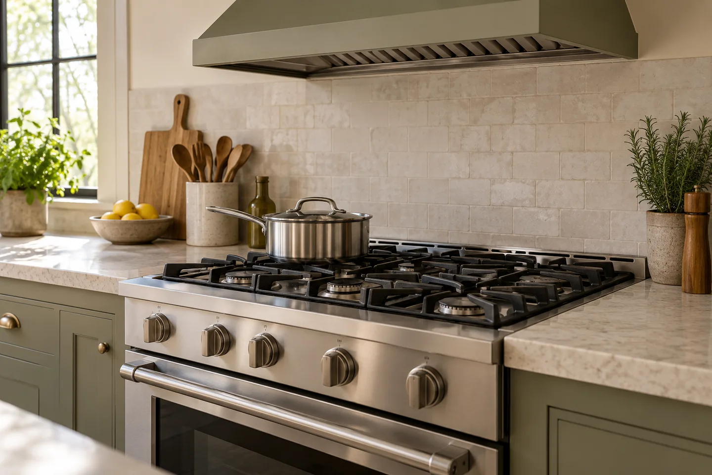 Gas range with cast-iron grates and a saucepan
