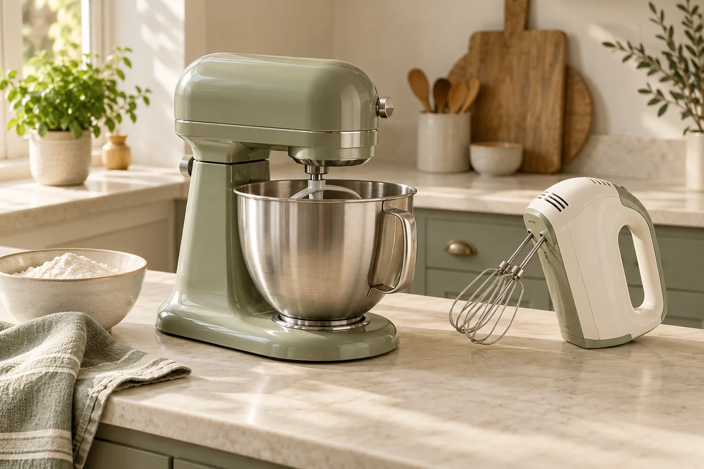Hand mixer and stand mixer on a baking counter