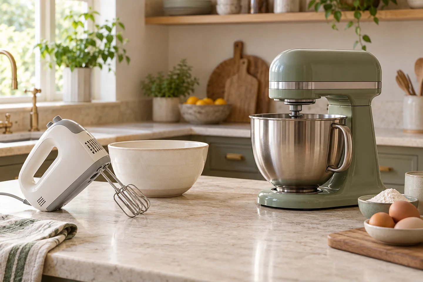 Hand mixer beside a bowl and a stand mixer with its fitted bowl