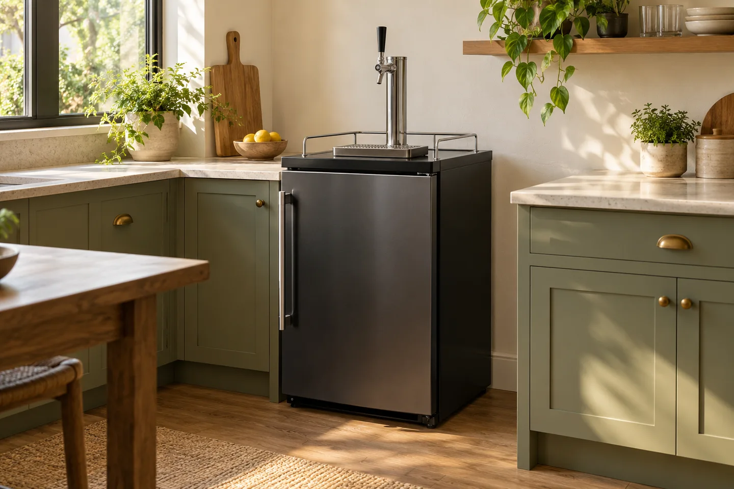 Freestanding draft refrigerator with a tap tower and drip tray