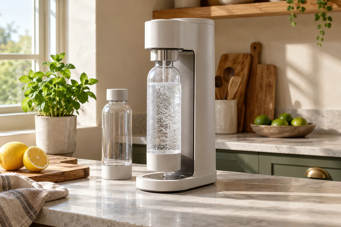 Home water carbonator with a fitted bottle and a spare bottle