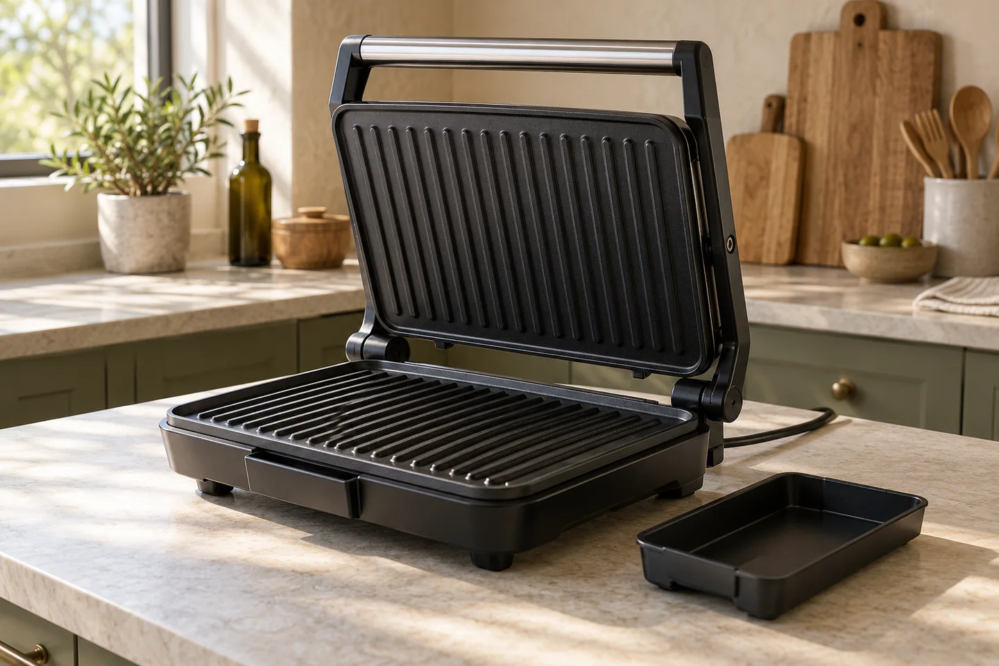 Open electric contact grill with ridged cooking plates