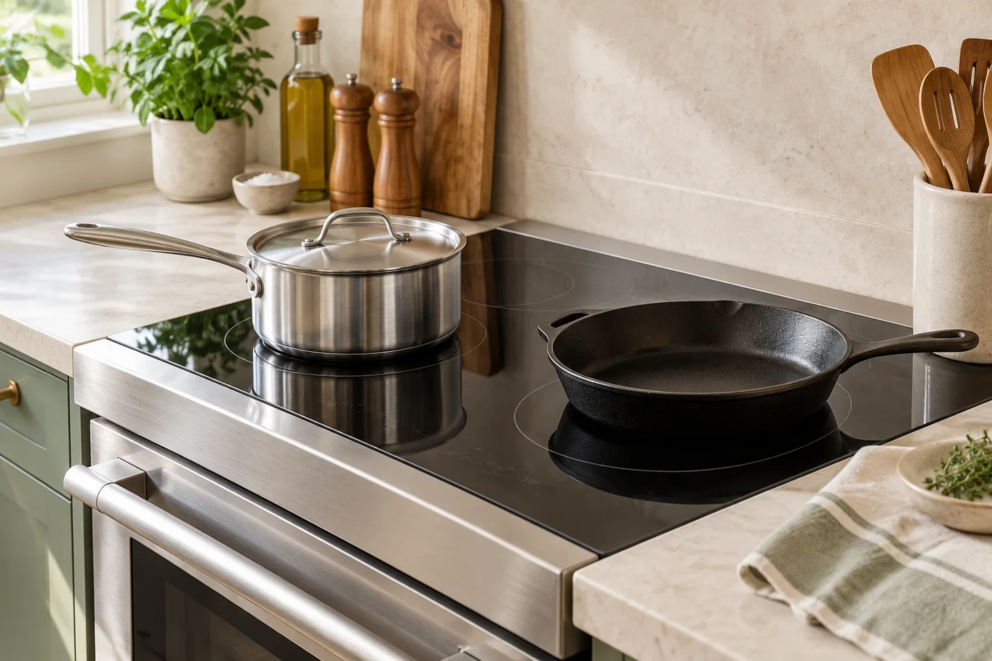Stainless steel saucepan and skillet on a glass cooktop