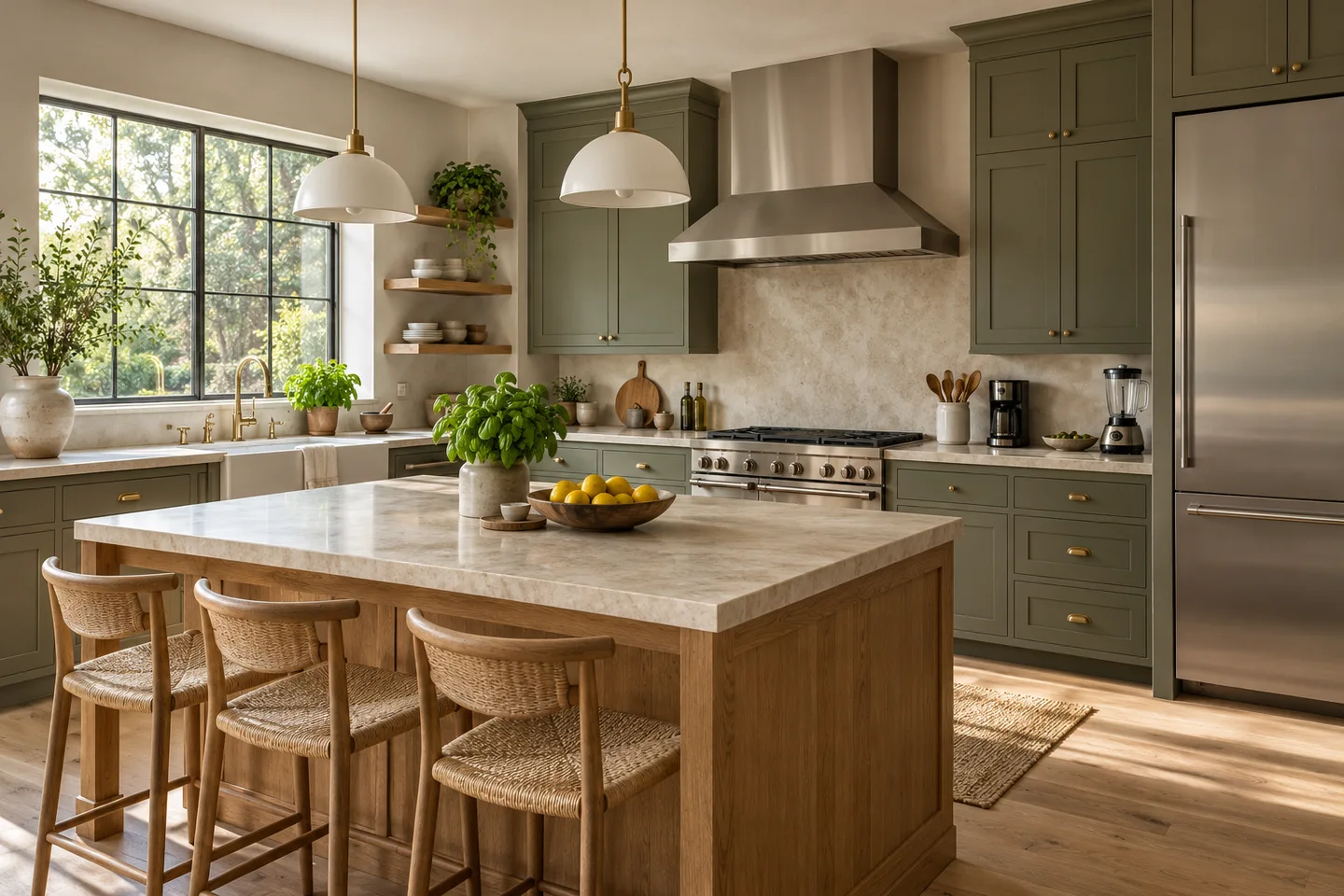 Kitchen with a range and a canopy hood above the cooking surface