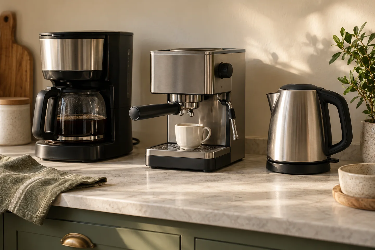Coffee maker, espresso machine, and kettle on a cream countertop