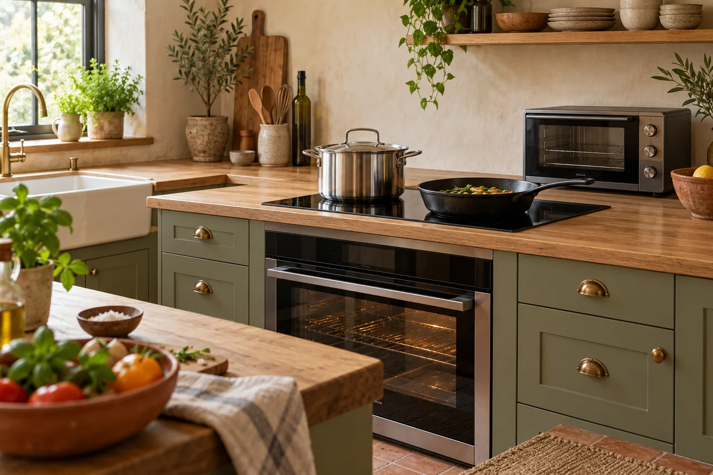 Stainless cookware on an induction cooktop in a cream and olive kitchen
