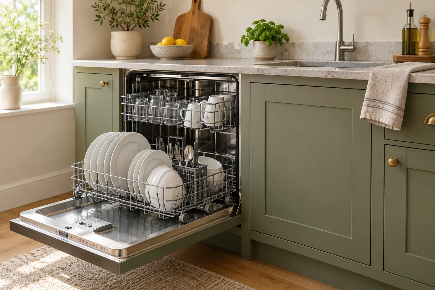 Open dishwasher with dish racks beside a kitchen sink