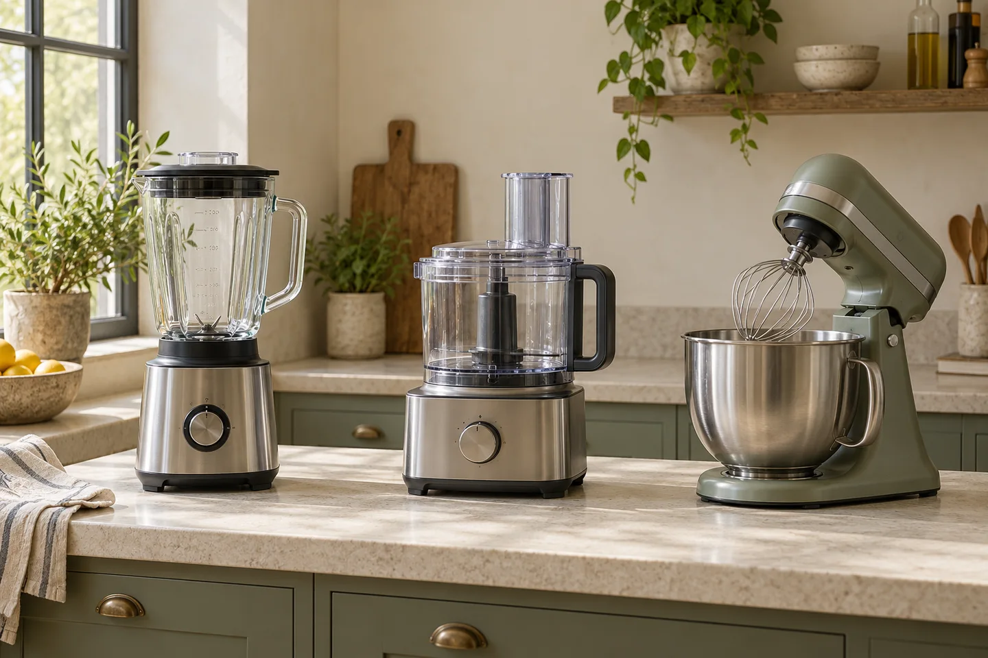 Blender, food processor, and stand mixer on a kitchen counter