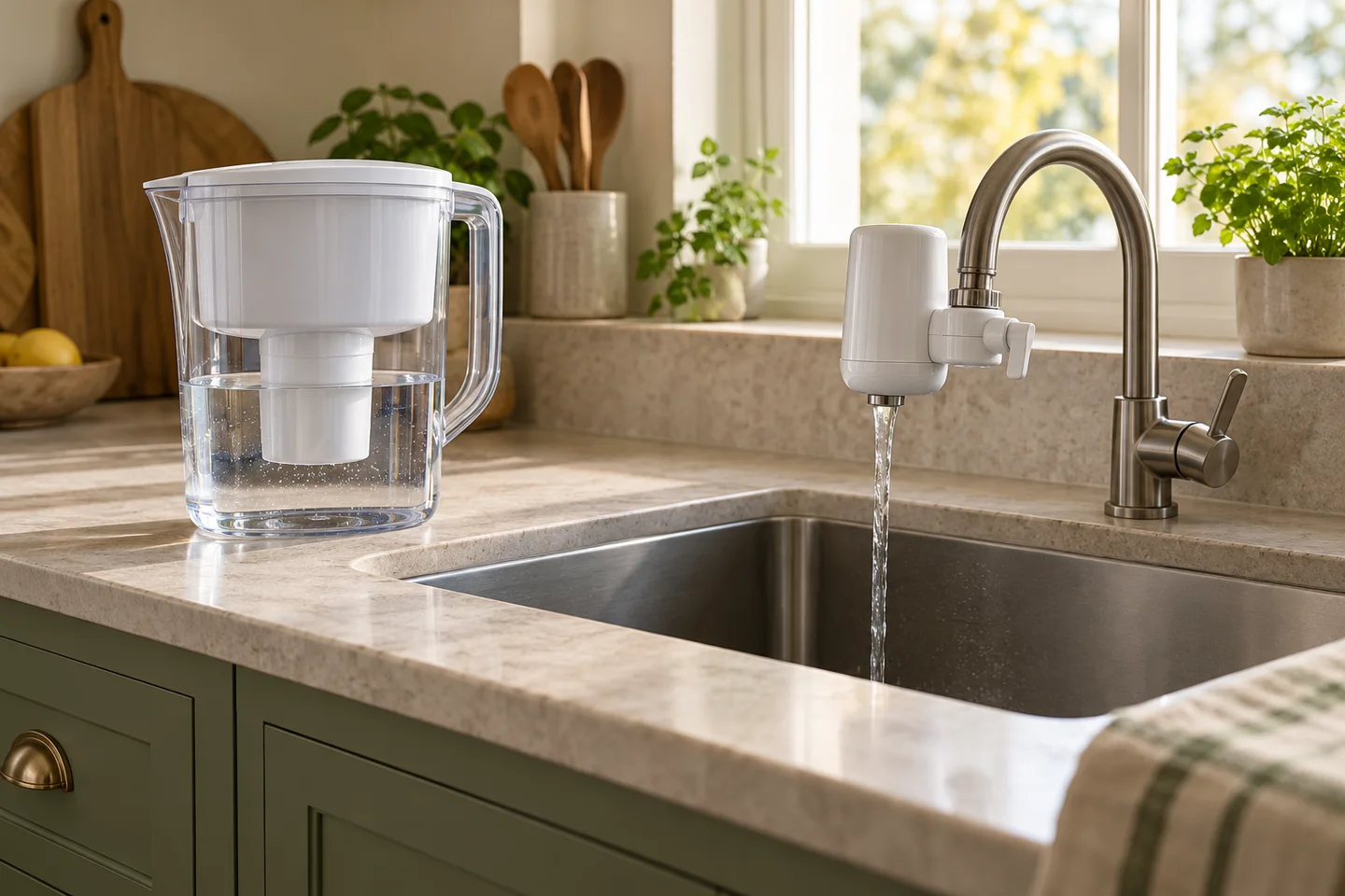 Water-filter pitcher and faucet-mounted filter beside a sink