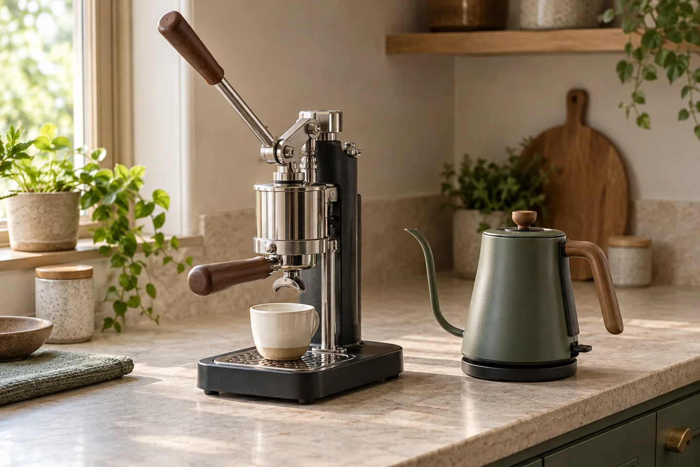 Manual lever espresso brewer with kettle and cup