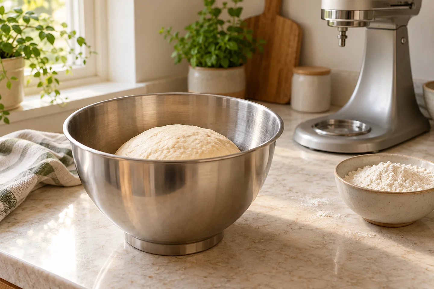 Stand-mixer bowl with a modest ball of bread dough