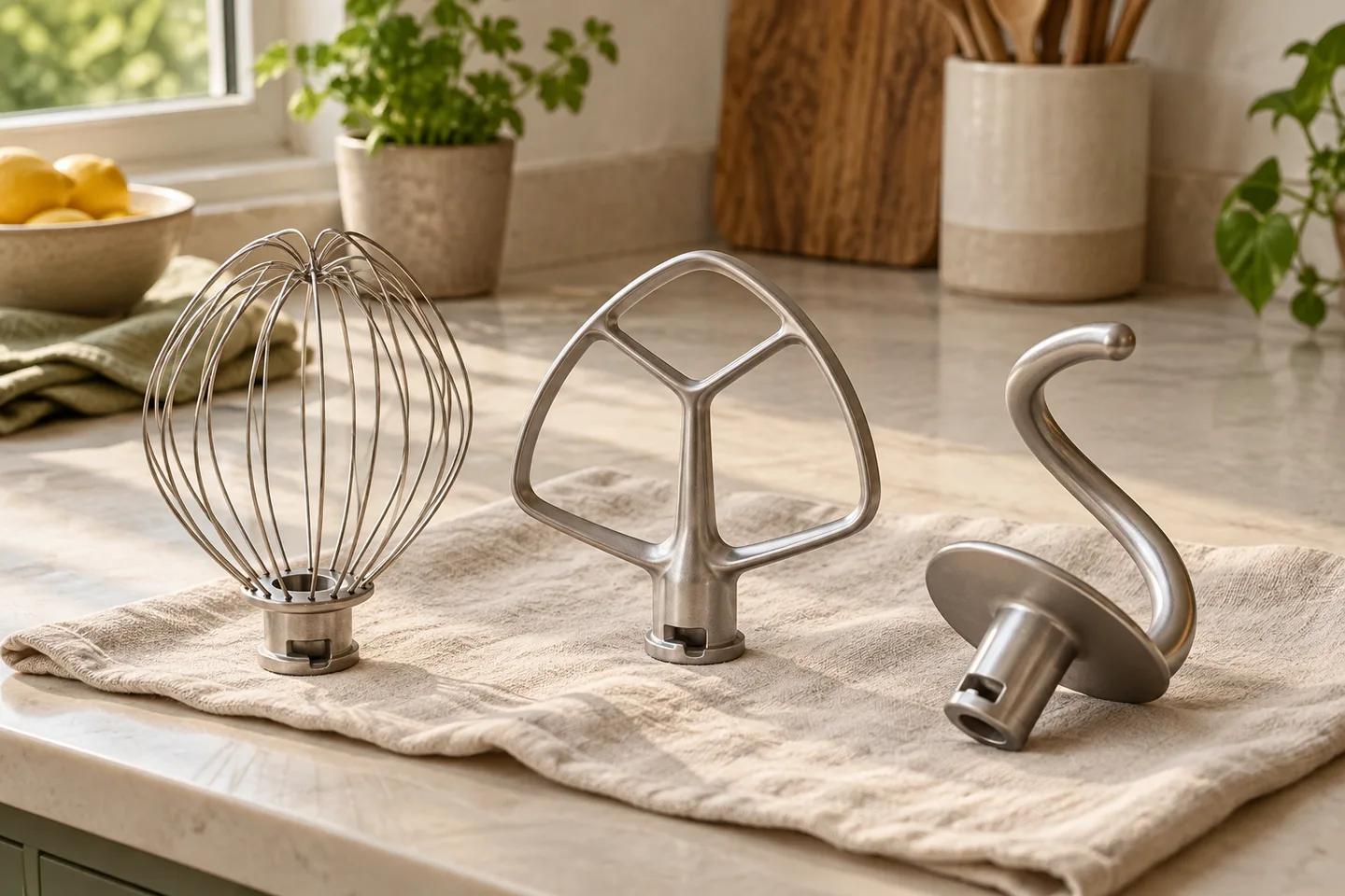 Wire whisk, flat beater, and dough hook arranged on a cloth